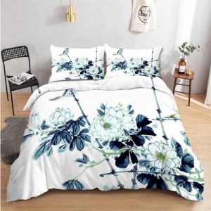 Housse de Couette 140x200 Fleur Japonais Parure de Lit avec Fermeture éclair, Housse de Couette 1 Personne Imprimée en Microfibre avec 2 Taie d'oreiller 65x65 (Gengl, neuf)