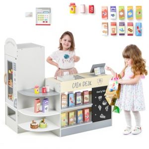COSTWAY Épicerie Enfants en Bois avec 15 Accessoires & Distributeur Automatique, Marchande Enfants avec Caisse Enregistreuse Réaliste & Tableau Noir, Jeu d’Imitation pour Enfants de 3-8 Ans (Gris) (FDS GmbH, neuf)