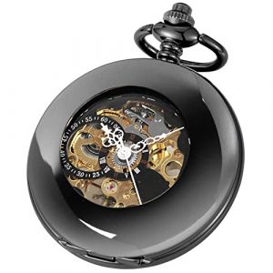 Tiong Montre de poche mécanique vintage steampunk squelette chiffres romains montre de poche pendentif avec chaîne et boîte cadeau pour homme, Noir , Rétro (YITIAN-EU, neuf)