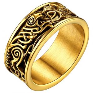 Grosse Bague Fenrir Celtique Viking Homme 69 Plaqu&eacute; Or Bague Loup Nordique Acier Inoxydable Bijoux Biker Punk pour Gar&ccedil;on (FaithHeart Jewellery, neuf)