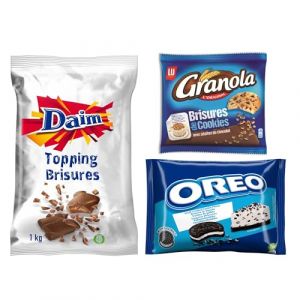 OREO DAIM GRANOLA - Lot de 1 Sachet de Brisures de Biscuits Oreo 400g, 1 Sachet de Brisures Daim 1kg et 1 Sachet de Brisures de Cookies Granola 400g - Lot de 1,8 kg (Plaisir & Snacking, neuf)