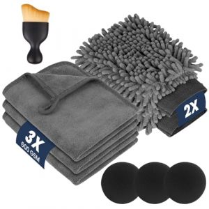 flintronic 9PCS Kit Nettoyage Voiture, Gants Lavage Voiture, 600 GSM Microfibre Gant Nettoyage Voitures, 3 Gant de Lavage Microfibre, 2 Chiffon Microfibres Voitures avec 3 &Eacute;ponge et 1 Beaut&eacute; Pinceau (flintronic, neuf)
