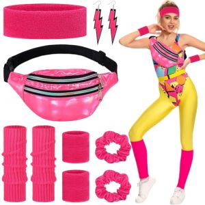 Betrynidil Deguisement Annee 80 Femme,Vetement Tenue F&ecirc;te N&eacute;on Fluo,avec Sac Banane,bandeau,Bracelets,&Eacute;lastique &agrave; cheveux,Jambi&egrave;res,Boucles d'oreilles,pour 80s Th&egrave;me,Disco,N&eacute;on,Carnaval (Rose rouge) (GALOLTD, neuf)