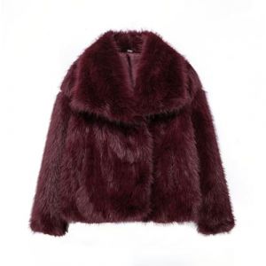 FZKun Veste courte en fausse fourrure pour femme &agrave; manches longues avec boutons - Manteaux d'hiver chauds avec fourrure pelucheuse et poches, bordeaux, L (PENGYUYANXIAODIAN, neuf)
