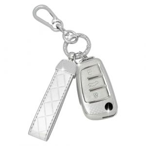 SparkleJoy Coque Clé Voiture TPU avec Un Porte-Clés en Cuir,Etui Clé Étui Clé Compatible avec Audi A1/A3/A4/A6/Q3/Q5/Q7/S3/R8/TT/Seat,Couvre Clef Cache Cle Voiture Telécommande - Flip Key (Argent) (AutoVeloce Europe, neuf)
