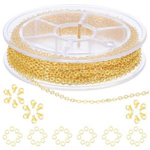 COMNICO Rouleau de cha&icirc;ne &agrave; maillons en acier inoxydable de 5 m de long avec 20 fermoirs mousquetons, 50 anneaux ouverts pour fabrication de colliers, boucles d'oreilles, bracelets (dor&eacute;) (Brillianthp, neuf)