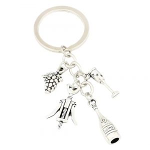 Porte-clés vin WOO LANDO – Accessoire élégant avec mini bouteille, tire-bouchon, verre et grappe – Cadeau original pour amateur de vin, métal argenté (WOO LANDO, neuf)