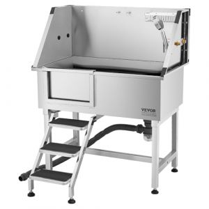 VEVOR Baignoire de Chien Acier Inoxydable, Baignoire de Toilettage pour Animaux de Compagnie 96 cm Station de Lavage Chat, avec Escalier &agrave; Droite, Robinet, Pommeau de Douche, Porte-savon, Porte Gauche (VEVOR Direct Store FR, neuf)