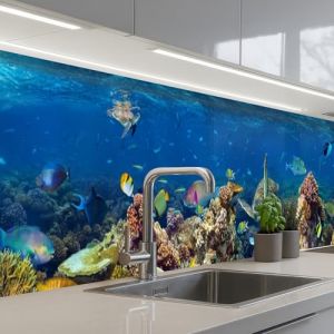 KitchenYeah&copy; Cr&eacute;dence Adh&eacute;sive R&eacute;sistant &Agrave; La Chaleur 60x400 cm Protection Mur Cuisine Panneaux Muraux Adhesif Panneau Decoratif Interieur Paysage Sous-Marin - Poissons - Tortue - Bleu (KitchenYeah, neuf)