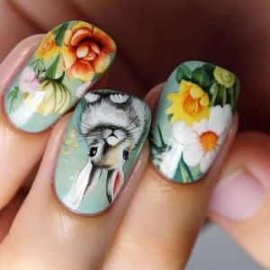 Lot de 24 faux ongles artificiels en forme de fleurs - Vert - Lapin de P&acirc;ques - Collage complet sur les ongles - Presse carr&eacute;e courte sur les ongles (YiQiN, neuf)