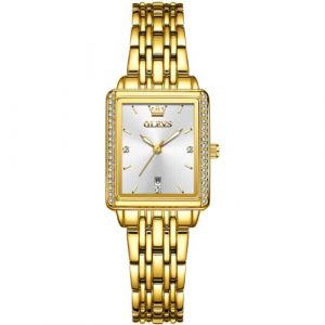 OLEVS Montre dor&eacute;e pour Femme - Rectangulaire - en Acier Inoxydable - Analogique - Quartz - Robe Classique de Luxe - Diamant avec Date - Montre-Bracelet pour Femme, Cadran Blanc A3/Bracelet dor&eacute; (XQIYIUK, neuf)