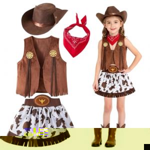 Yunlaishaocer Deguisement Cowboy Enfant,Western pour Fille avec Bandana,Gilet et Chapeau,Jupe Courte,Deguisement Cowgirl Enfant Fille,Cowgirl Costume pour Halloween Carnival Cosplay Party (6-7 ans) (XSFFaFa, neuf)