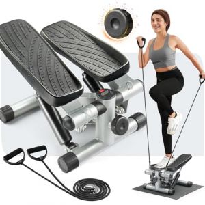 LEADZM Mini Stepper avec Coussinet Silencieux, Stepper de Fitness 2 en 1 avec Bandes de R&eacute;sistance, &Eacute;cran LCD, Compteur de Calories, pour L'entra&icirc;nement des Jambes et des Bras Fessiers, Noir et Argent (VICTOPV, neuf)