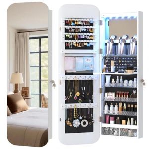 Vlsrka LED Armoire à bijoux avec Ovale Miroir, Mural/Porte Armoire à bijoux avec Lumières, Miroir pleine longueur d'angle rond avec bijoux rangement Verrouillable, miroir bijoux Suspendue, Blanc (vlsrka, neuf)