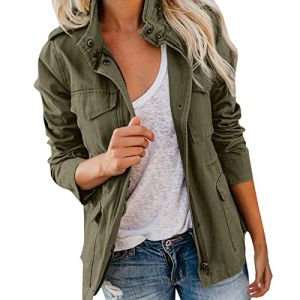 Veste Femme mi Saison Printemps Militaire Manteau Blouson en Coton Kaki Jacket avec Poches Casual Parka Veste Saharienne Legere Décontracté Outwear Zipper Grande Taille (NIyong, neuf)