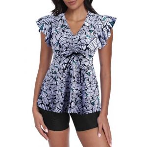 Ecupper Maillot de Bain Femme 2 Pieces Push Up Tankini Set Taille Haute Shorty Col en V Maillot de Bain &agrave; Volants Rayure Noir M (Ecupper Store, neuf)