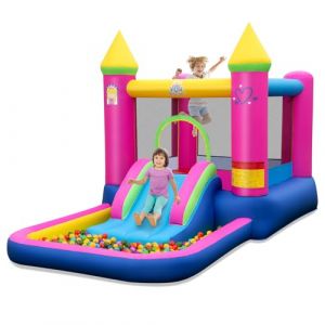 COSTWAY 4 en 1 Château Gonflable sur Thème Princesse avec Toboggan & Maison de Saut, Aire de Jeux Gonflable avec Panier de Basket et Piscine à Balles, Charge Max 90kg pour 2 Enfants de 3-12 Ans (FDS GmbH, neuf)