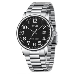 CIVO Montre Homme Acier Inoxydable: Analogique Montre Bracelet Noir Cadran Quartz - Etanche Montre Date Classique Argent (Baixin Shop, neuf)