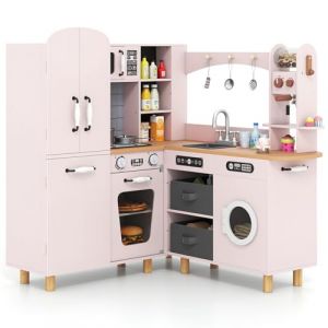 COSTWAY Cuisine Enfant d'angle avec Lumières & Sons & Cafetière, Cuisine en Bois Enfant avec Réfrigérateur à Double Porte & 2 Bacs en Tissu, Pieds en Bois de Pin pour 3 Ans+ (Rose) (FDS GmbH, neuf)