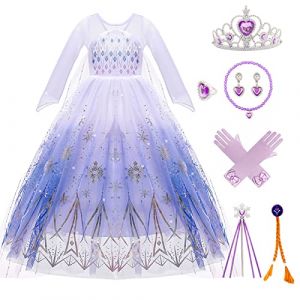 Kitimi Deguisement Robe Reine des Neiges Fille, Elsa Costume Robe Princesse Enfant Jupe Longue en Tulle avec Baguette Magique Princesse Couronne pour Carnaval Anniversaire Halloween Noel (HUANGXIAOWANG LTD, neuf)