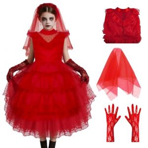 Costume de mari&eacute;e d'Halloween pour femme et enfant - Costume de mari&eacute;e rouge - Robe de mari&eacute;e gothique - Horreur - Ensemble de cosplay avec gants - Voile pour carnaval (femme, M) (OMEGA DESIGN ONLINE S.R.L., neuf)