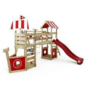 WICKEY Aire de Jeux StormFlyer portique en Bois avec balan&ccedil;oire et Toboggan Rouge, Tour d'escalade pour Enfants avec bac &agrave; Sable, &eacute;chelle et Accessoires de Jeu pour Le Jardin. (WICKEY, neuf)