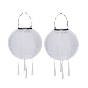 Lot de 2 lampions solaires d'ext&eacute;rieur r&eacute;sistants aux intemp&eacute;ries - Lampion solaire &agrave; LED - &Eacute;tanche - Avec pompon - Lampes solaires &agrave; suspendre - En papier - 20 cm - Blanc (ZDD123, neuf)