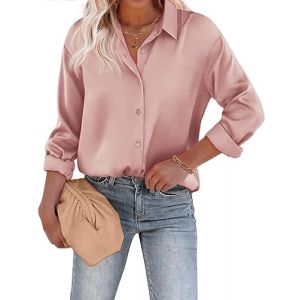 Beyove Chemisier Femme Satin Soie Col V Chemises Élégantes Manches Longues Business Tops avec Boutons Tops Chemise Ample à Manches Longues Rose L (Pinspark direct, neuf)