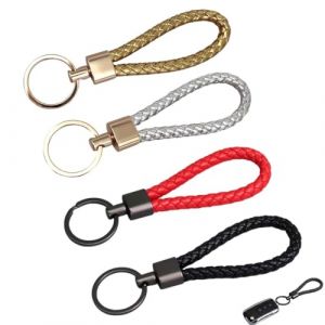 Porte-clés Voiture Homme Femme, Lot de 4 porte-clés tressés en cuir synthétique - Pour le travail, les clés de voiture, la bouteille, le camping, la randonnée, taille unique (Noir, Rouge, Argent, Or） (UAB WSVLKE LT, neuf)