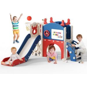 Grand toboggan pour enfants, avec panier de basket-ball, cadre d'escalade pour jardin, t&eacute;lescope, espace pour 1-3 ans, extra long 1700 mm (toboggan six en un - bleu et rouge))) (WARM HEART LIMITED, neuf)