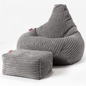 Lounge Pug Pouf Poire Gamer avec Repose-Pieds en Velours C&ocirc;tel&eacute; Ultra Pelucheux - Facilement Transportable, Assise Confortable, Pouf Salon, Adulte, Chambre Ado - Anthracite (Mikabo&uuml; Paris, neuf)