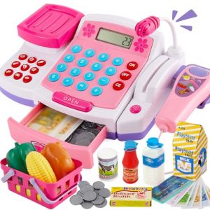 BUYGER Grand Caisse Enregistreuse Jouet avec Peser de Nourriture, Lumière et Sons Vraie électronique Calculatrice Microphone Jouet Supermarché Accessoires Alimentaires Cadeaux pour Enfant 3 4 5 Ans (STGB, neuf)