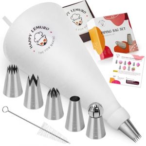Poche à douille avec douilles – 5 douilles extra larges avec poche à douille en coton – Poche à douille pour décoration de gâteaux, cupcakes, pâtisseries | Seringue à gâteau | Ustensiles de pâtisserie (Lemuro, neuf)