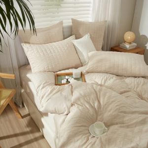 YASMENG Seersucker Housse de Couette 220x240 Beige Rayé Seersucker Parure de Lit Doux Douillet Respirant Microfibre Linge de Lit 2 Personne Adulte avec Fermeture Éclair avec Taies d'oreiller 65x65 cm (Tamir Zhang, neuf)