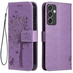Topme &Eacute;tui en Cuir pour Samsung Galaxy M15 5G (6.5" inches), [ Coque Housse de T&eacute;l&eacute;phone Style Motif Chat Et Arbre] - Violet Clair (topme, neuf)