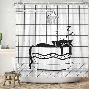 ASDCXZ Rideau de Douche dr&ocirc;le 120x200 cm, Moderne Noir Blanc dr&ocirc;le Chat Sommeil Lavable Rideaux de Douche Textile imperm&eacute;able Rideau de Douche pour Baignoire avec 8 Crochets (Qingjuan Trade, neuf)