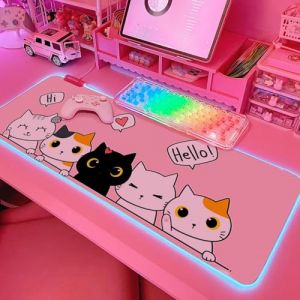 JMIYAV Tapis de souris pour gaming avec motif de chat Cartoon Cat Kawaii RGB, tapis de souris LED, grand tapis de bureau, doux et antid&eacute;rapant, en caoutchouc XL, rose, grand tapis de souris pour gamer (JMIYAV-EU, neuf)