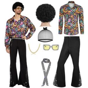 minkasic Costume disco des ann&eacute;es 70 - Style hippie - Pour homme - Avec pantalon &eacute;vas&eacute;, chemise - Pour carnaval, f&ecirc;te d'Halloween des ann&eacute;es 50, 60, 70 (violet, 2XL) (Cheerful Wear Studio, neuf)