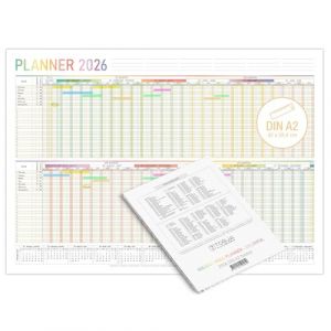 TOBJA Planificateur de vacances 2026 pour employ&eacute;s, format A2, version UE, aper&ccedil;u de l'ann&eacute;e pour 25 personnes, calendrier mural anglais avec jours f&eacute;ri&eacute;s et pr&eacute;vision, pliable et inscriptible, pour (JATOB GmbH, neuf)