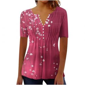 Chemisier Femme Chic et Élégant Manches Courtes Tshirt Chemisiers Et Blouses Grande Taille Imprimé Plissé Henley Tunique Tops Col V Blouse de Soie Boheme Haut Tunique Été Tee Shirt Femmes Solde (⭐⭐⭐⭐⭐AEGJEGVD(5-15 jours Arrivé), neuf)