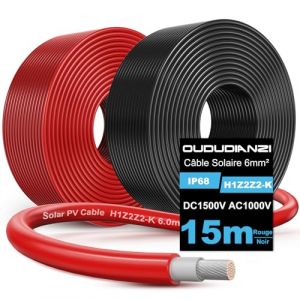 Oududianzi Cable Solaire 6mm2 15m, Rallonge Cable Panneau Solaire 10/15/20/30/50m, Flexible Câble Photovoltaïque pour Panneeau Solaire, Onduleurs et Régulateurs de Charge (15m 6mm²) (HardestCodesEst OÜ, neuf)