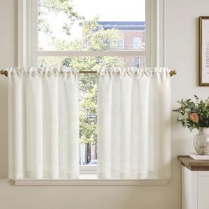 TOPICK Rideau Cuisine Petit Rideaux Court Brise Bise, Blanc 90L x 75H(cm) 2 Panneaux &agrave; Passe Tringle, pour Fen&ecirc;tre Placard Meuble Bas Chambre Cache sous Evier，en Effet L&eacute;gers Style Moderne (Audrey Home Fashion, neuf)