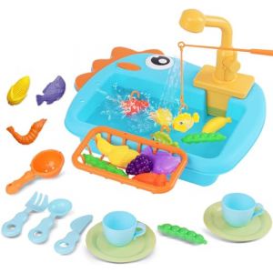 Lavabo Enfant Montessori avec Eau Apprentissage Autonomie Fonctionnel Exterieur Ferm&eacute; Salle de Bain Evier avec Circuit Pompe Robinet Jouet Cuisine Legumes Bebe 1 an Fille Garcon 2 Ans Bleu (Maycoly, neuf)
