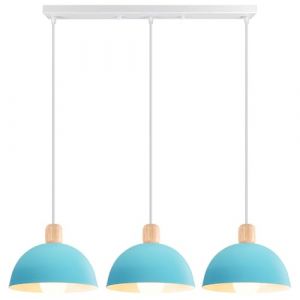 iDEGU 3 Lampes Suspension Luminaire Moderne 20cm Lustre Suspension R&eacute;tro Style Demi-Cercle Plafonnier Abat-jour en Bois M&eacute;tal E27 &Eacute;clairage de Plafond pour Salon Salle &agrave; Manger Cuisine (Barre, Bleu) (IDEGU, neuf)