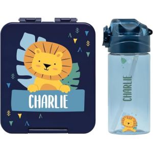 BIENMARQUER - Coffret avec gourde personnalisable pour enfants et boîte à goûter personnalisée en plastique pour enfants - Gourde avec paille, capacité 450 ml - 100% sans BPA (Bleu foncé) (bienmarquer, neuf)