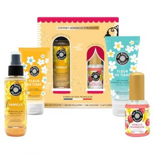 Coffret Cadeau Les Petits Plaisirs &ndash; Le Village des Senteurs Vanille Framboise &ndash; Eau de toilette 30ml, Brume paillet&eacute;e, Gel douche & Lait corps &ndash; Fabriqu&eacute; en France (Les Petits Plaisirs France, neuf)