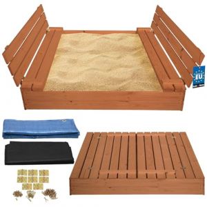 KOTARBAU® Bac à sable avec couvercle - 140 x 140 cm - Marron - Grand bac à sable en bois avec banc et couvercle - Jouet de jardin pour enfants imprégné et refermable avec bancs (KOTARBAU, neuf)