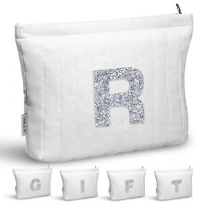 Trousse de Maquillage matelass&eacute;e avec initiales &agrave; Paillettes &ndash; Trousse de Maquillage personnalis&eacute;e, l&eacute;g&egrave;re et r&eacute;sistante aux Chocs, Double Fermeture &eacute;clair avec Doublure en Soie (R, Blanc) (HZYIXUNKEJI-EU, neuf)