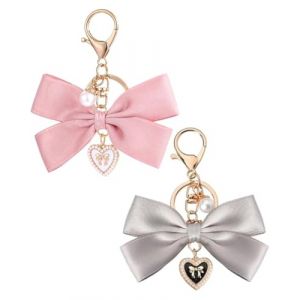 BARRU Lot de 2 porte-clés en - forme de nœud avec perles - Esthétique - Pour sac à main, pour clés de voiture nœud porte-clés accessoires femmes filles(rose + gris) (STAR PENGPENG, neuf)