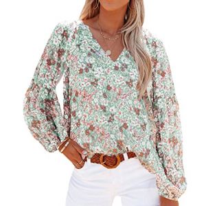 Chemise Fleurie Femme Blouse Col V Chic en Mousseline - Manche Longue Fluide Ample Casual Large Tunique &Eacute;t&eacute; Grande Taille (Pengniao, neuf)